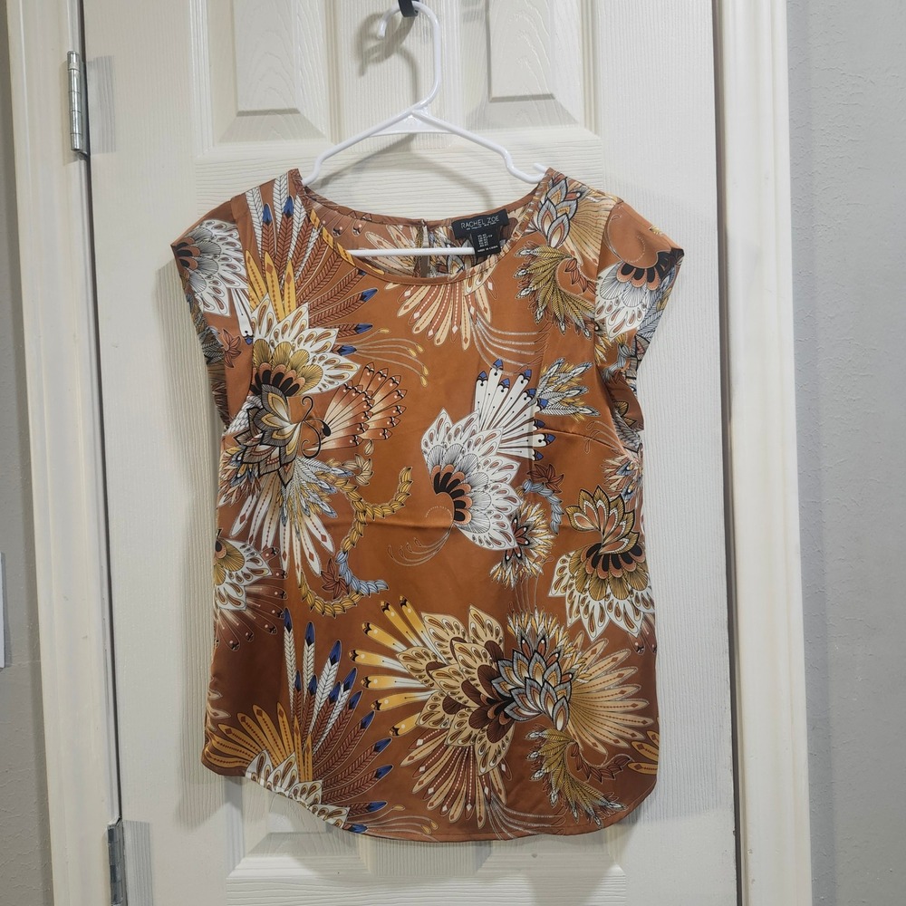 Rachel Zoe Rust Orange Floral Feather Print Cap Sleeve Blouse XS Satin Top‎